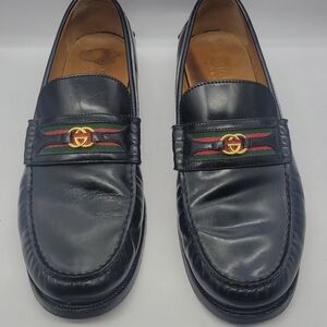GUCCI 920$ Men's Loafers Interlocking GG 644724 Black Leather Shoes Size 12.5 US